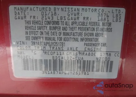 2018 Nissan Sentra Sv z USA, uszkodzony, nr VIN 3N1AB7AP6JY251781